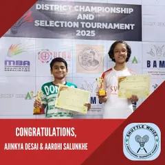 We build champions. A huge congratulations to our young talents, Ajinkya Desai and Aarohi Salunkhe, on their incredible wins at the Mumbai Suburban District Badminton Championship.