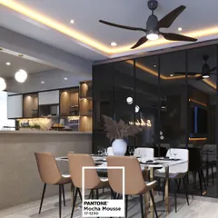 An open-plan living and dining area that flows into the kitchen, all tied together by a warm 'Mocha Mousse' color scheme. The design showcases how we create cohesive, luxurious spaces that are both inviting and stylish.