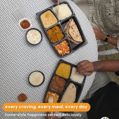 Every craving, every meal, every day. This picture captures the simple joy of sharing a meal. You get your own complete thali, with sabzi, dal, rice, roti, salad, and a sweet treat.