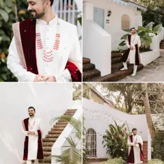 A collection of portraits of the groom in his white sherwani, looking dapper and ready for his wedding day against a beautiful Goan villa.