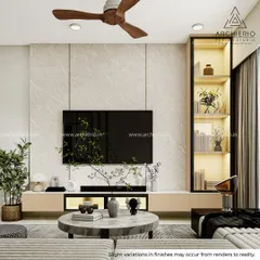 A close-up of the TV unit, featuring a marble-finish back panel and a sleek, low-profile console. The backlit display cabinet adds a warm glow, perfect for showcasing decor and creating evening ambiance.