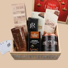 This 'Festive Fun' hamper is designed for sharing laughter and creating memories. It includes games like Jenga, playing cards, gourmet popcorn, coffee, and other treats for a perfect get-together.