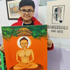 A young boy proudly presents his completed painting of a Jain Tirthankara, a project that combines artistic skill with spiritual learning.