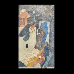 This is a unique oil on canvas from M. F. Husain's celebrated Rajasthan Series, created in the 1960s. The master artist uses thick impasto to build texture, depicting two peacocks in a rustic village scene, capturing the raw, folk energy he was known for. It is a powerful example of Modern Indian Art from one of its most important figures.