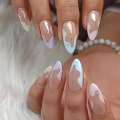 A dreamy pastel set featuring abstract "lava lamp" shapes in lavender, baby blue, and beige, accented with tiny gold stars.