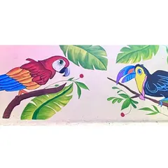 A vibrant nature mural featuring a colourful macaw and a toucan, painted with high-quality acrylics to ensure the colours pop. This brings a tropical feel to any wall.