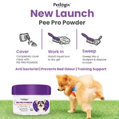 Accidents happen, and my Pee Pro Powder is the perfect solution. This graphic shows how simple it is: just cover the mess, let the powder turn the liquid into a dry gel, and sweep it up. It's antibacterial and neutralizes bad odours, making cleanup quick and hygienic.