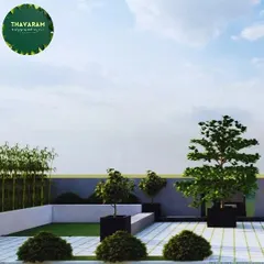 A 3D render of a modern rooftop terrace design, featuring clean lines, minimalist planters, bamboo for privacy, and manicured shrubs. This is how we help clients visualize the potential of their space.