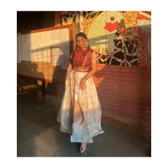 Here is the full view of the Indo-Western outfit I styled for the 'Kreative '24' fashion event. The flowy organza skirt and dhoti pants combination allowed for beautiful movement, making it a standout piece on the runway.