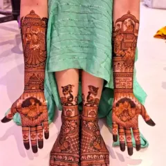 A complete bridal mehandi look, with matching designs for both hands and feet. I create cohesive art that flows from your arms to your legs, featuring portraits and traditional wedding motifs.