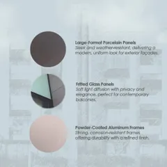 This material board showcases the palette for a modern facade. It includes large-format porcelain panels for a uniform look, fritted glass for privacy on balconies, and powder-coated aluminum frames for durability and a refined finish.