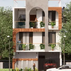 The daytime view of the same Faridabad residence. This render shows how the combination of concrete textures, wood-panelled curves, and glass railings creates a balanced and modern look that stands out.