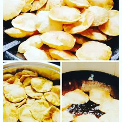 A collage showing our perfectly puffed puris being made. These are a festive favorite and are often part of our special occasion menus. We fry them to a perfect golden brown, ensuring they are light and delicious.