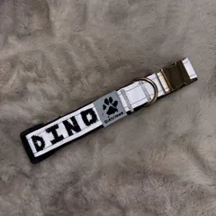 A flat-lay of the custom 'Dino' collar on a soft, furry background. This view highlights the quality of the embroidery and the sturdy collar hardware.