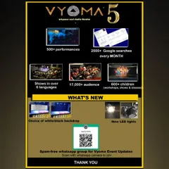 Vyoma turns 5! A milestone poster celebrating over 500 performances, 17,000+ audience members, and shows in over 6 languages. So much gratitude!
