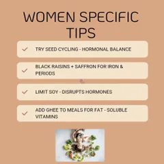 As a specialist in women's health, I provide targeted nutrition therapy for hormonal balance, PCOD, and overall well-being. My plans often include simple additions like seed cycling, ghee, and specific food combinations for period health.