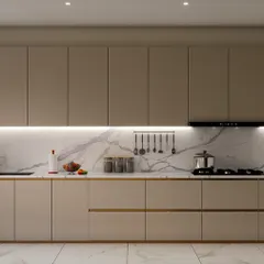 A 3D render of a future kitchen project. This design features handleless beige cabinets, a stunning marble-patterned backsplash that extends to the countertop, and integrated lighting for a seamless and minimalist aesthetic.