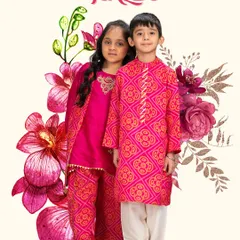 My 'Haldi' collection is all about bright and joyful colors. This sibling duo is wearing a vibrant pink set with bandhani-inspired prints, perfect for adding a splash of color to the celebration.
