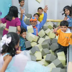 Blippi surprised the kids at a birthday party and they loved him. He shared stories, played fun games, and created unforgettable memories in our foam pit.