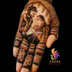 A close-up of a completed varmala scene on the palm. You will learn how to position figures to create a sense of connection and emotion in your bridal designs.