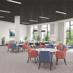This is a 3D render of a dynamic co-working and breakout area. The open-plan layout encourages collaboration with flexible seating options, including small group tables and casual lounge chairs, all set within a bright, airy space with large windows.