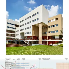 This image combines a photo of the Sushant School with a sectional drawing, revealing how the design works. It shows how shaded terraces, stilted verandahs, and an earth-banked underbelly mitigate heat gain and create comfortable outdoor learning zones.