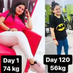 Real, visible results are what we work for. This client went from 74 kg to 56 kg in just 120 days by staying consistent with my workout and nutrition plan. This kind of fat loss and body recomposition is possible when you commit to the process.