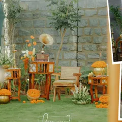 Another collage of the unique housewarming decor, with a vintage gramophone and vegetable arrangements.