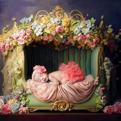 This is a high-detail fantasy portrait. The newborn is edited to be sleeping peacefully in a magnificent, antique-style bed overflowing with colorful flowers.