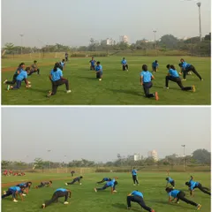 The girls' team going through their warm-up and stretching drills. Fitness and preparation are key components of our training program, ensuring our players are always match-ready.