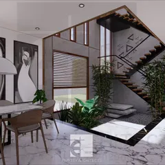 An interior perspective of the Lonavala bungalow, focusing on the central courtyard. This space brings natural elements like stone and plants indoors, creating a tranquil core around which the living areas are organized.