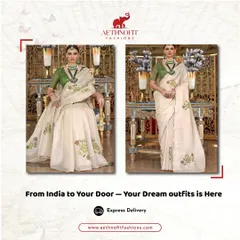A saree that speaks louder, even in the boardroom. This elegant off-white saree with a contrasting green blouse proves that power dressing can be traditional and strong.