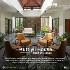 This central living space in Kuttiyil House is designed to be the family's gathering point. The double-height ceiling with a skylight, inspired by traditional courtyards, ensures the area is always bright and airy, while the mix of modern furniture and a traditional swing offers comfort and style.