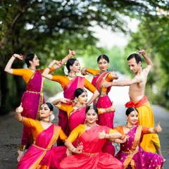 The Chithkala Ensemble in a moment of joyful expression during our outdoor shoot for "Tyagaraja Hrt Sadhana." This image captures the camaraderie and vibrant energy of our group.