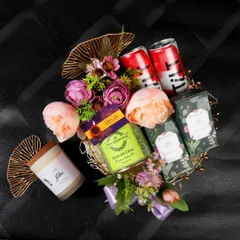 An overhead shot of a curated gift hamper, showcasing my ability to style and photograph products for festive campaigns and e-commerce catalogs.