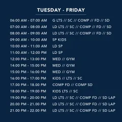 Our Tuesday to Friday schedule for the 25m pool, featuring a wide range of classes throughout the day.