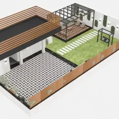 An aerial view of the Najafgarh concept, showing how we plan the entire space, including multiple structures and flooring types.