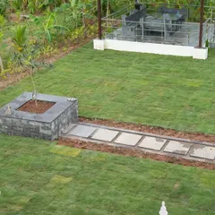After: An overhead view of the finished lawn, featuring a central tree planter made of dark stone and a clean, functional pathway.
