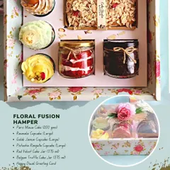 The Floral Fusion Hamper is a complete dessert experience. It includes a mix of our bestsellers like the Parsi Mawa Tea Cake, cake jars, and our extra large fusion cupcakes like Gulab Jamun and Rasmalai.