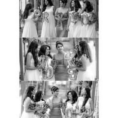 A black and white collage from the bridesmaid photoshoot, capturing the joyful moments between the bride and her friends.
