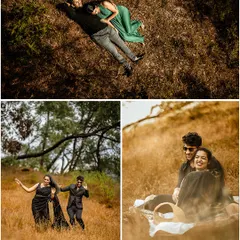 A collage showing the fun and adventurous side of an outdoor pre-wedding shoot. From a playful moment in a field of golden grass to a romantic aerial shot, this captures the joy of spending a day together in nature.