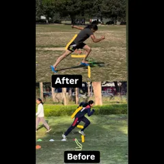 A side-by-side comparison showing the "before and after" of an athlete's running form. You can clearly see the improved knee drive and posture, which translates to greater speed.