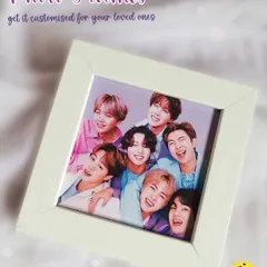 A BTS-themed mini photo frame, perfect for any ARMY member. This cute desk decor can be customized with your favorite photo of the group or a personal quote.