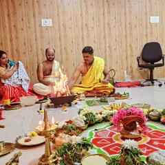 Our community members participating in the Surya Homa, a traditional fire ceremony that marks the beginning of our Rathasaptami celebrations.