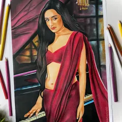 A colored pencil drawing of my favorite actress, Shraddha Kapoor. I tried to capture her elegance in this portrait, focusing on the deep red of her saree and the mood of the scene.