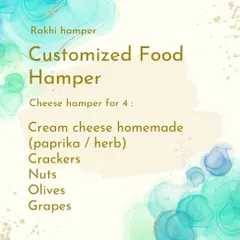 An example of a Cheese Hamper menu for four, which includes our homemade cream cheese, assorted crackers, nuts, olives, and grapes.