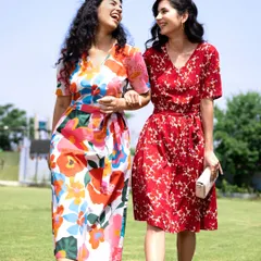 Another favorite from the Fable Street campaign. This shot in their floral dresses captures a moment of genuine fun and friendship, perfect for lifestyle-oriented fashion campaigns.