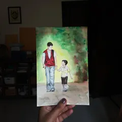 "Meri tarah hota agar khud par zara bharosa, toh kuch duur tum bhi saath saath aate." Inspired by the film 'Udaan,' this painting captures a moment of quiet connection between two brothers on a journey toward freedom and dreams.