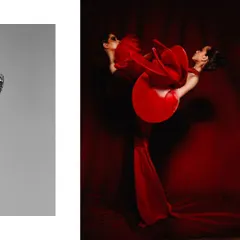 A dramatic, artistic composition featuring two models intertwined in a flowing red gown. The styling focuses on creating a single, fluid shape, exploring themes of connection and movement through a bold, monochromatic palette.