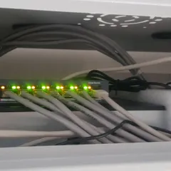 I make sure every connection is solid. This is a close-up of an active PoE switch inside a network rack, with all ports connected and running. The green lights show everything is working correctly.
